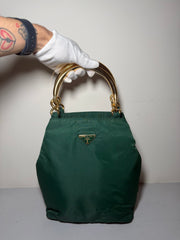 Borsa Tote Prada Vintage in Nylon con Manici in Metallo Dorato