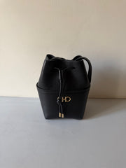 Ferragamo Gancini Leather Bucket Bag in Pelle Martellata Nera