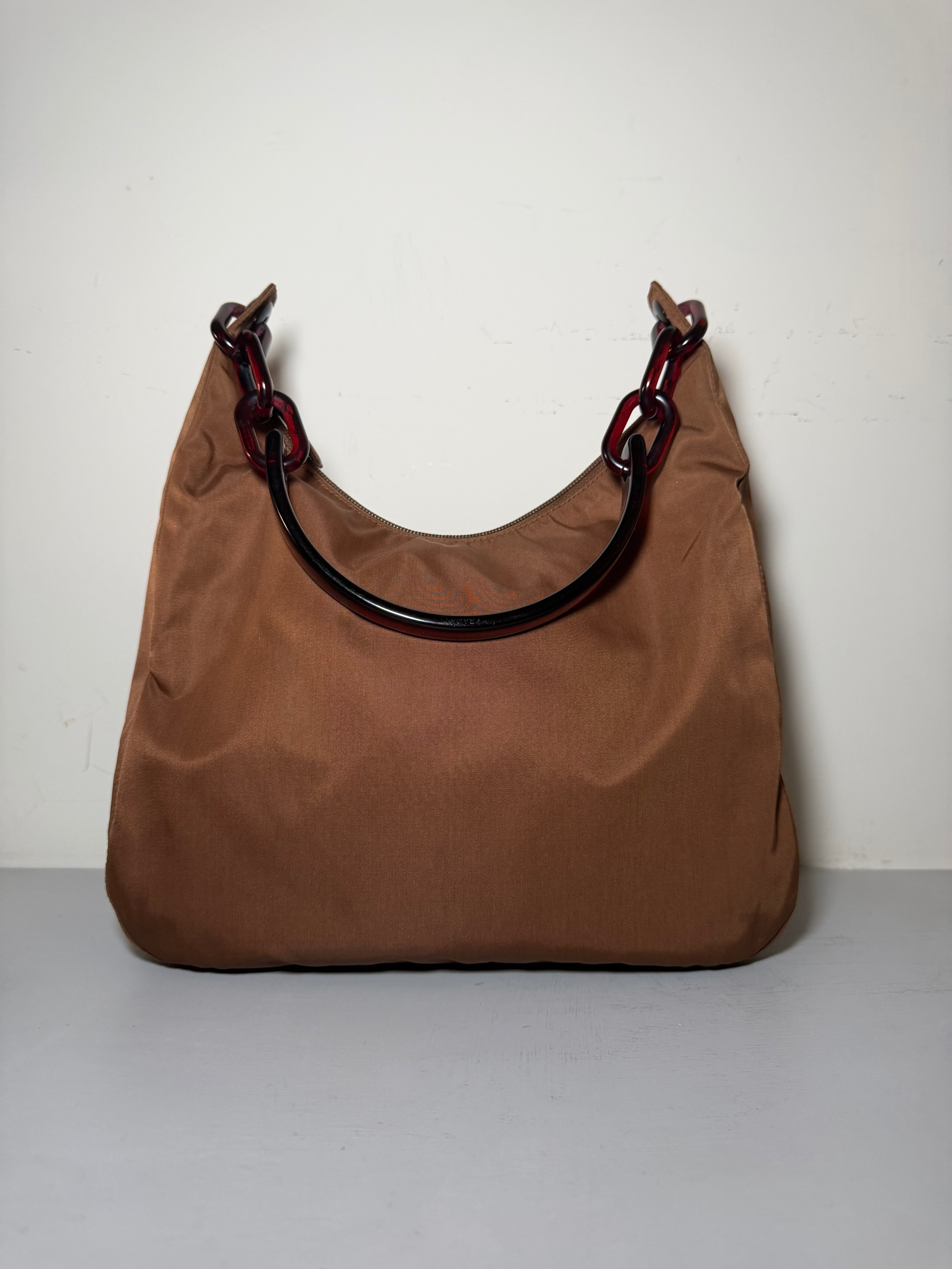 Borsa Prada Vintage in Nylon Marrone con Manico in Resina Tartarugato