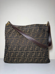 Borsa a Spalla Fendi con Iconico Motivo Zucca in Tela Marrone