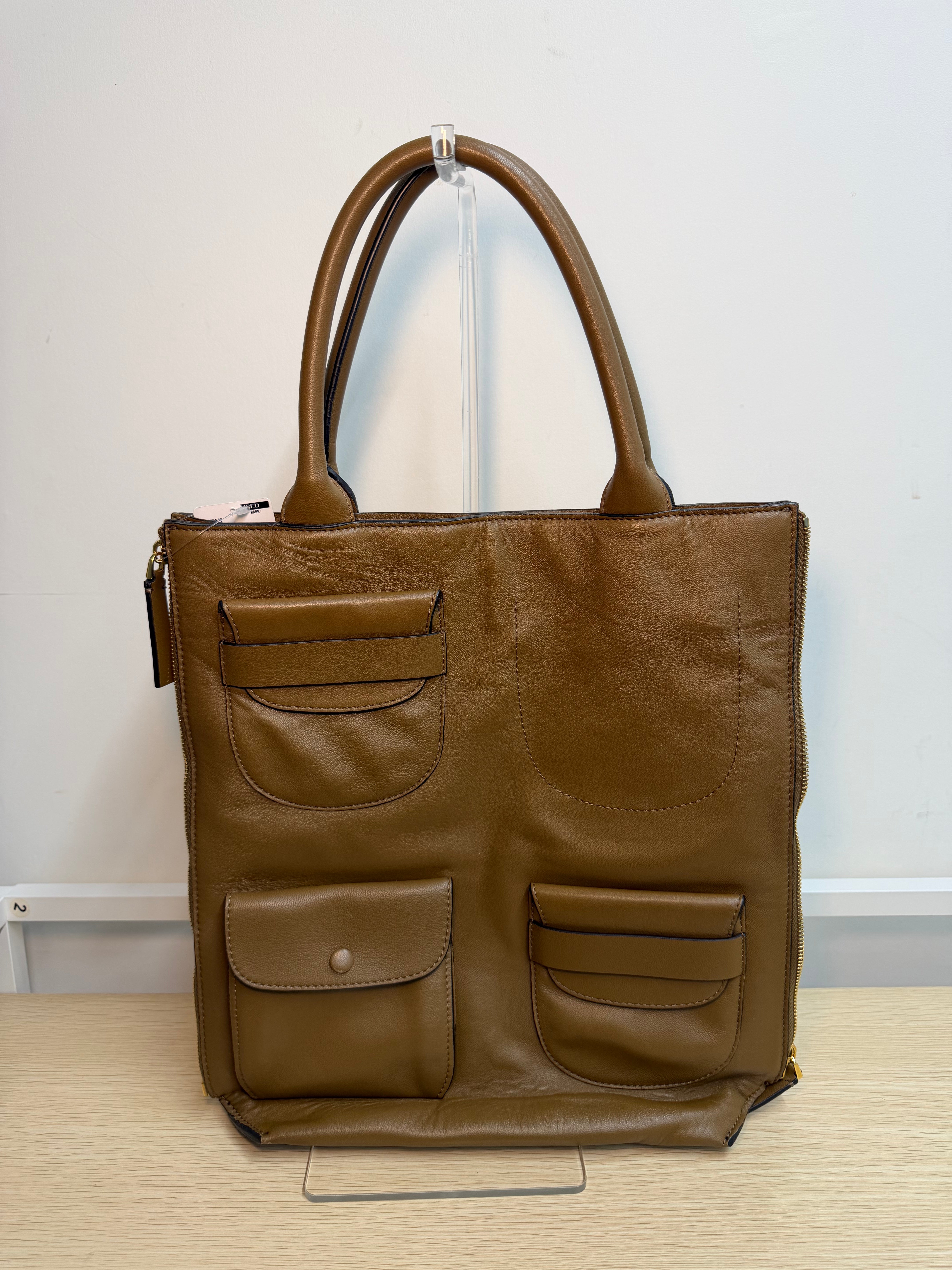 Borsa Multipocket Tote in Pelle Marrone di Marni