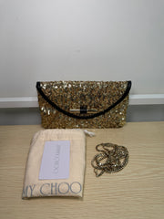 Pochette con Catena Jimmy Choo Rivestita in Paillettes Dorate e Rifinita in Pelle Nera