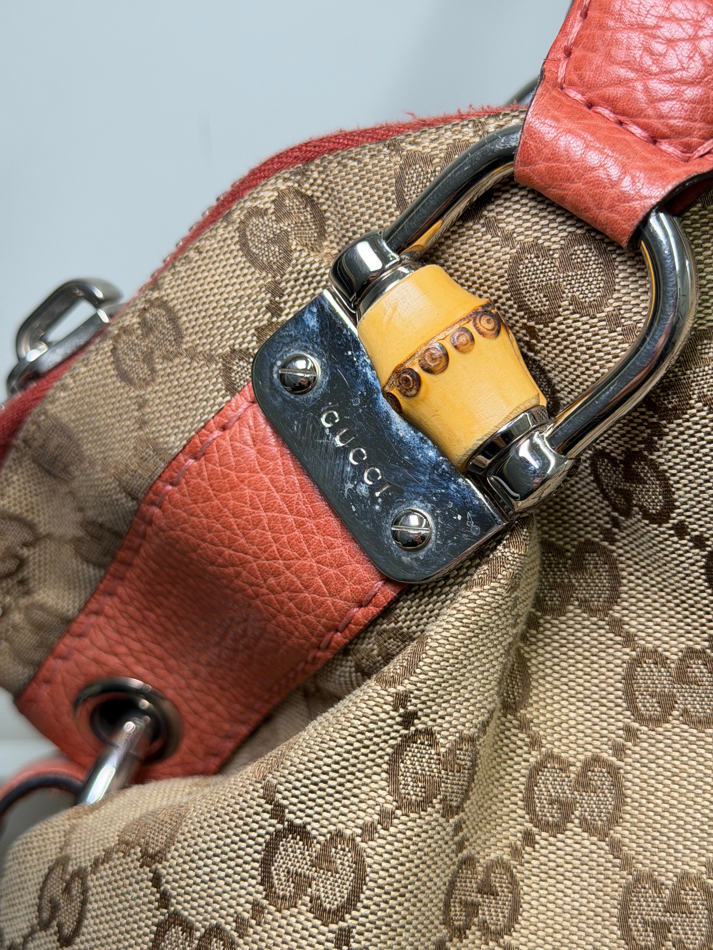 Borsa a Spalla Gucci Bamboo Bar in Tela GG con Manici in Pelle Intrecciata
