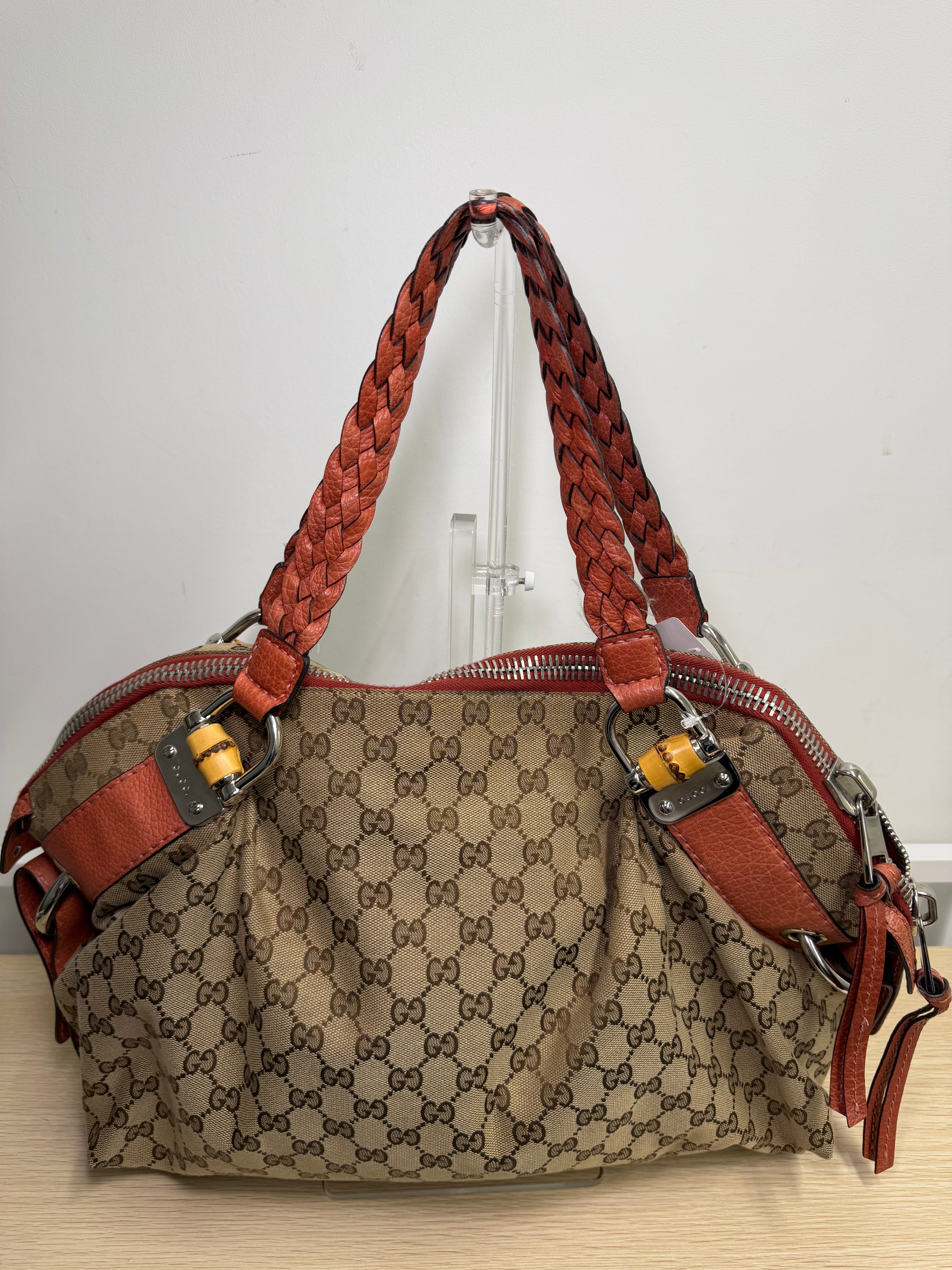 Borsa a Spalla Gucci Bamboo Bar in Tela GG con Manici in Pelle Intrecciata
