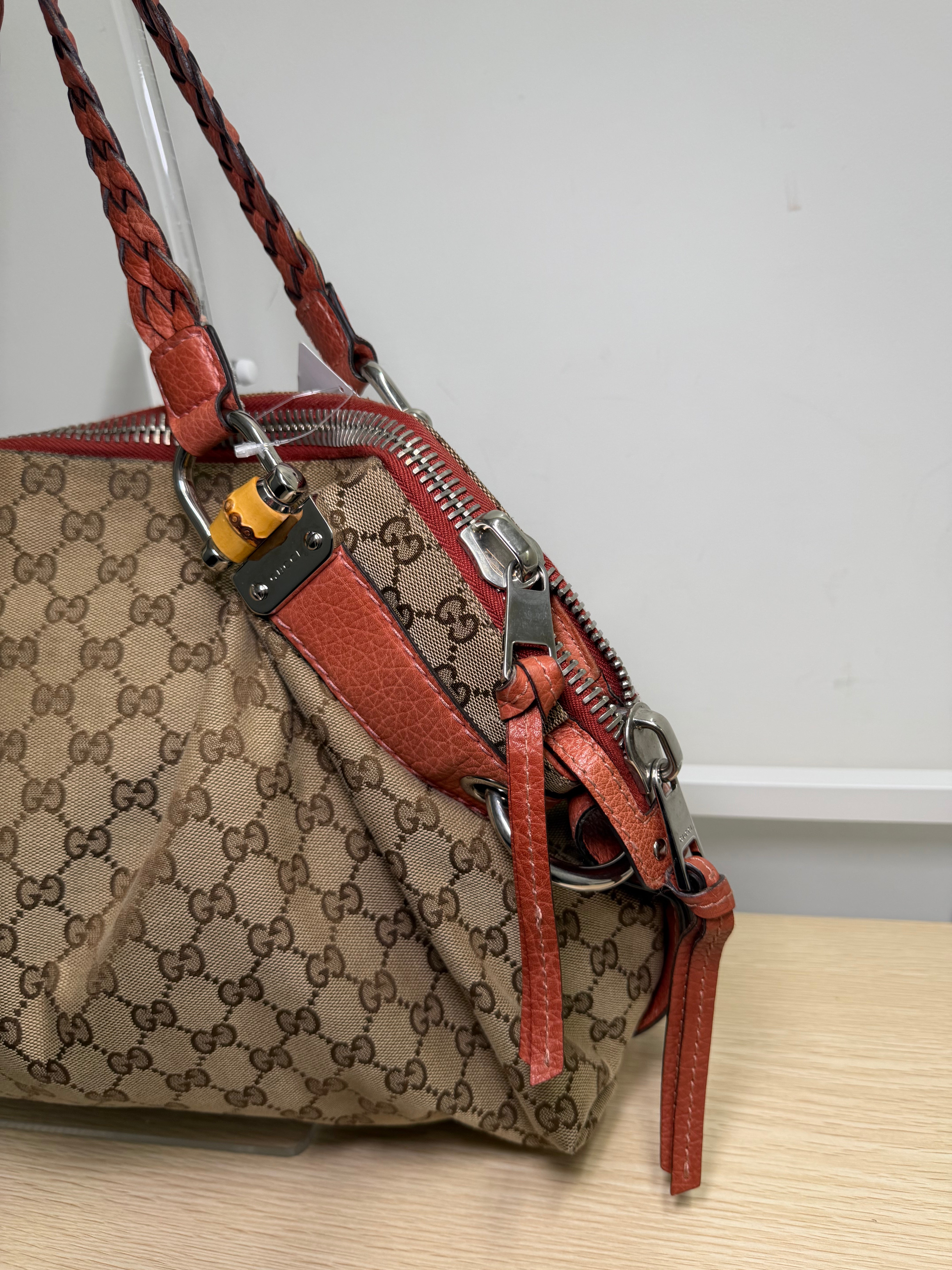Borsa a Spalla Gucci Bamboo Bar in Tela GG con Manici in Pelle Intrecciata