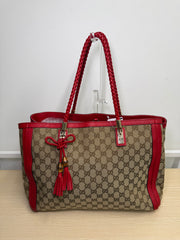 Borsa Tote Gucci Bella in Tela GG Beige con Manici Intrecciati in Pelle Rossa