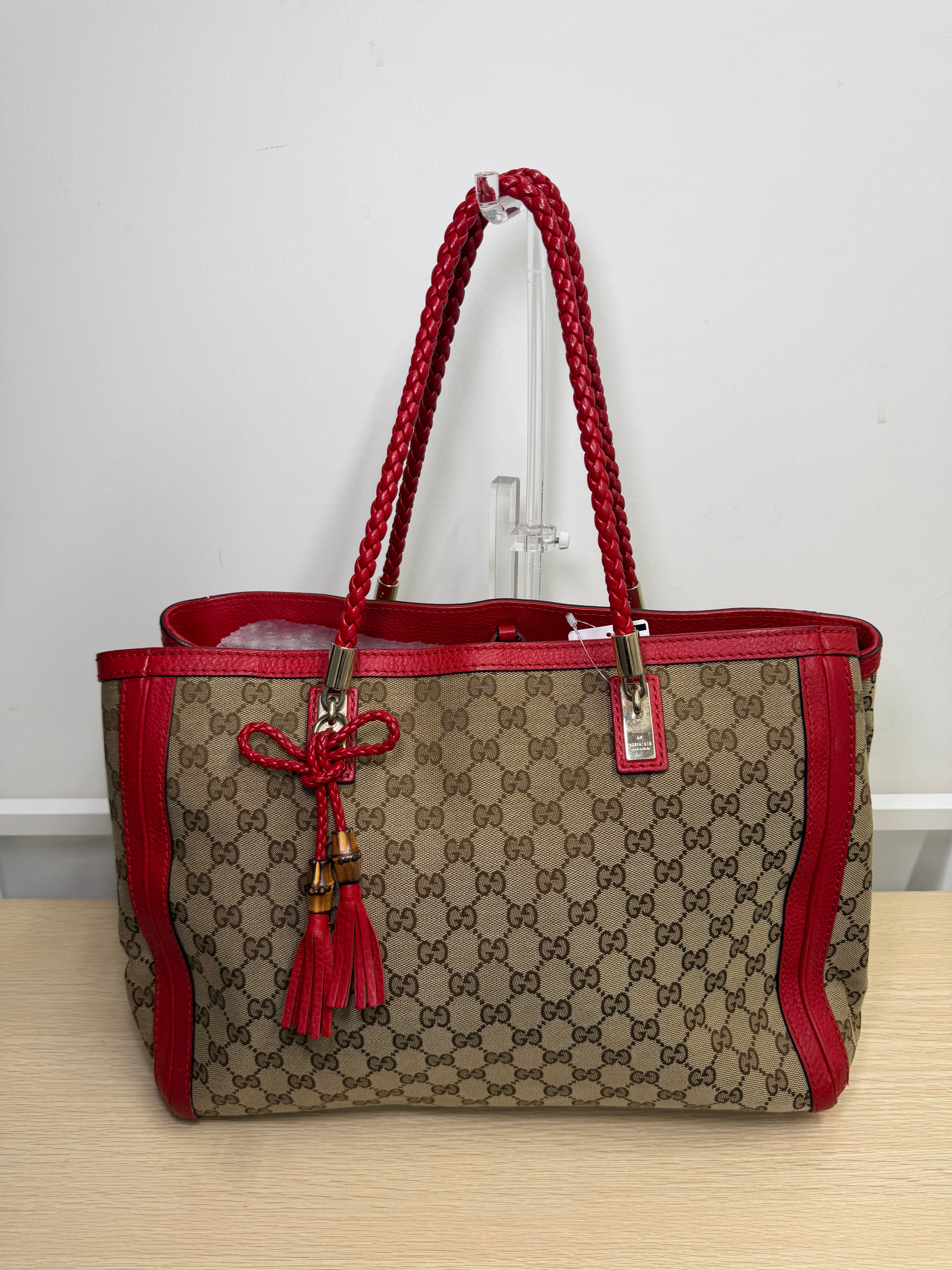 Borsa Tote Gucci Bella in Tela GG Beige con Manici Intrecciati in Pelle Rossa