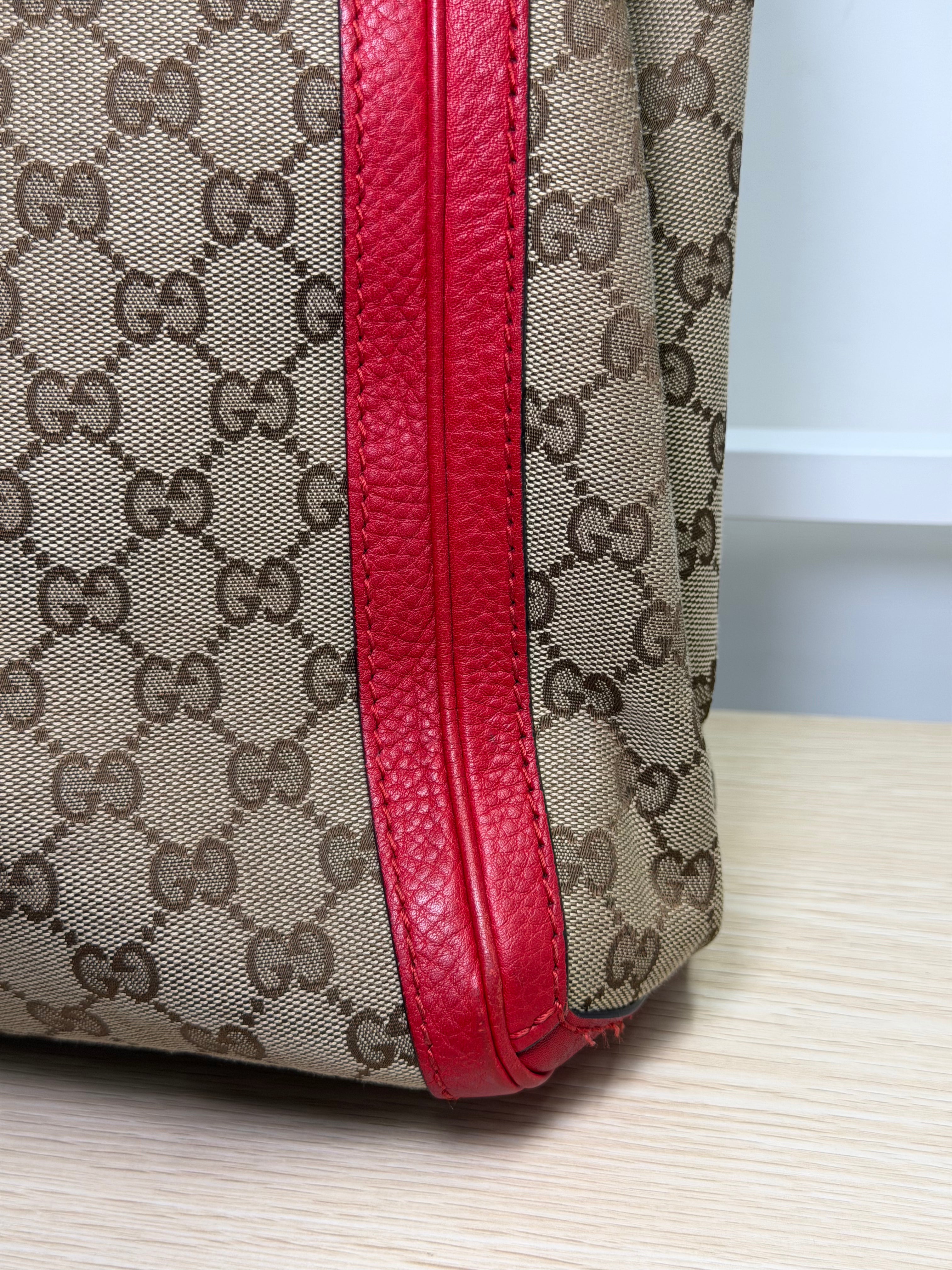 Borsa Tote Gucci Bella in Tela GG Beige con Manici Intrecciati in Pelle Rossa