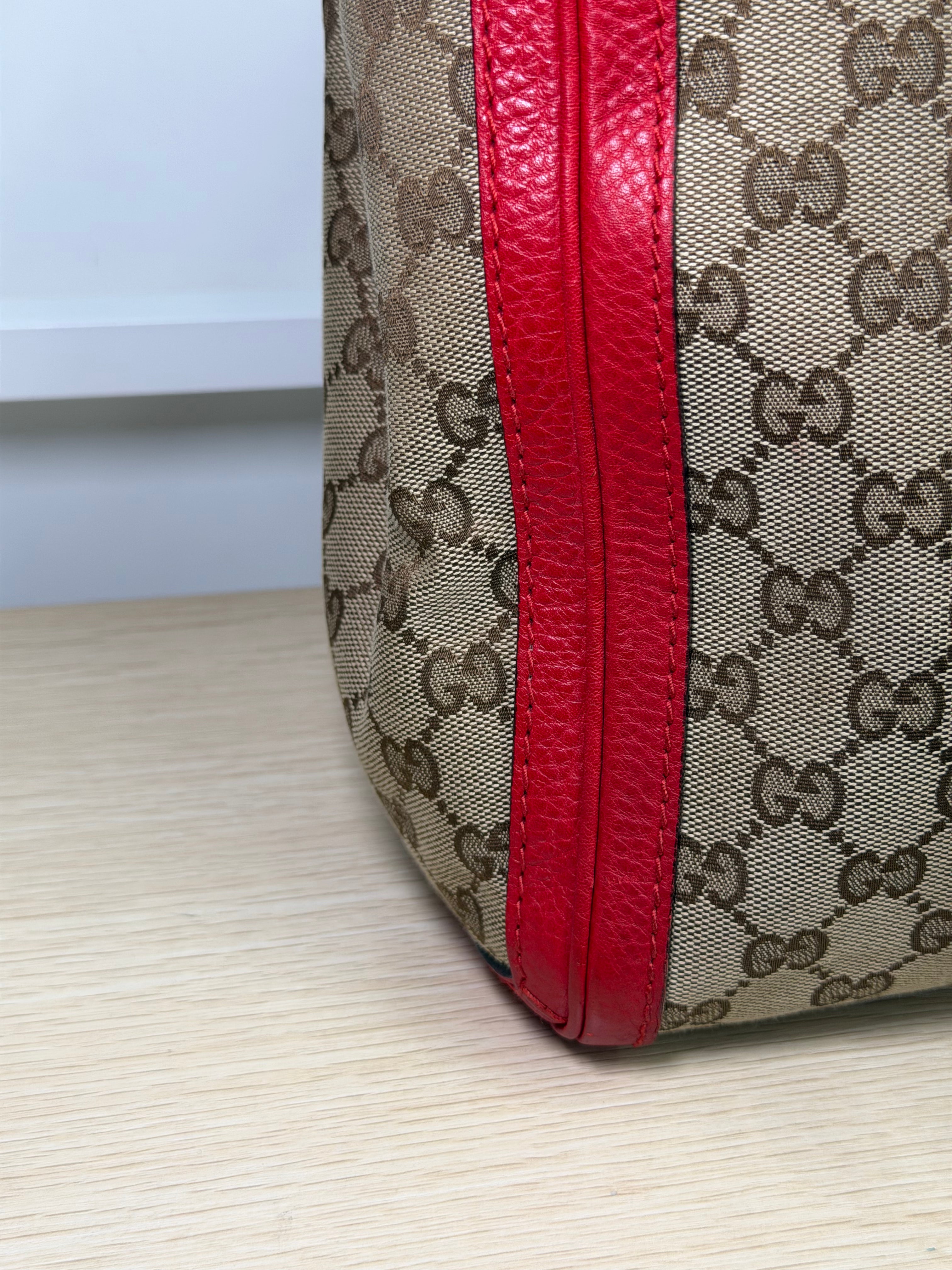 Borsa Tote Gucci Bella in Tela GG Beige con Manici Intrecciati in Pelle Rossa