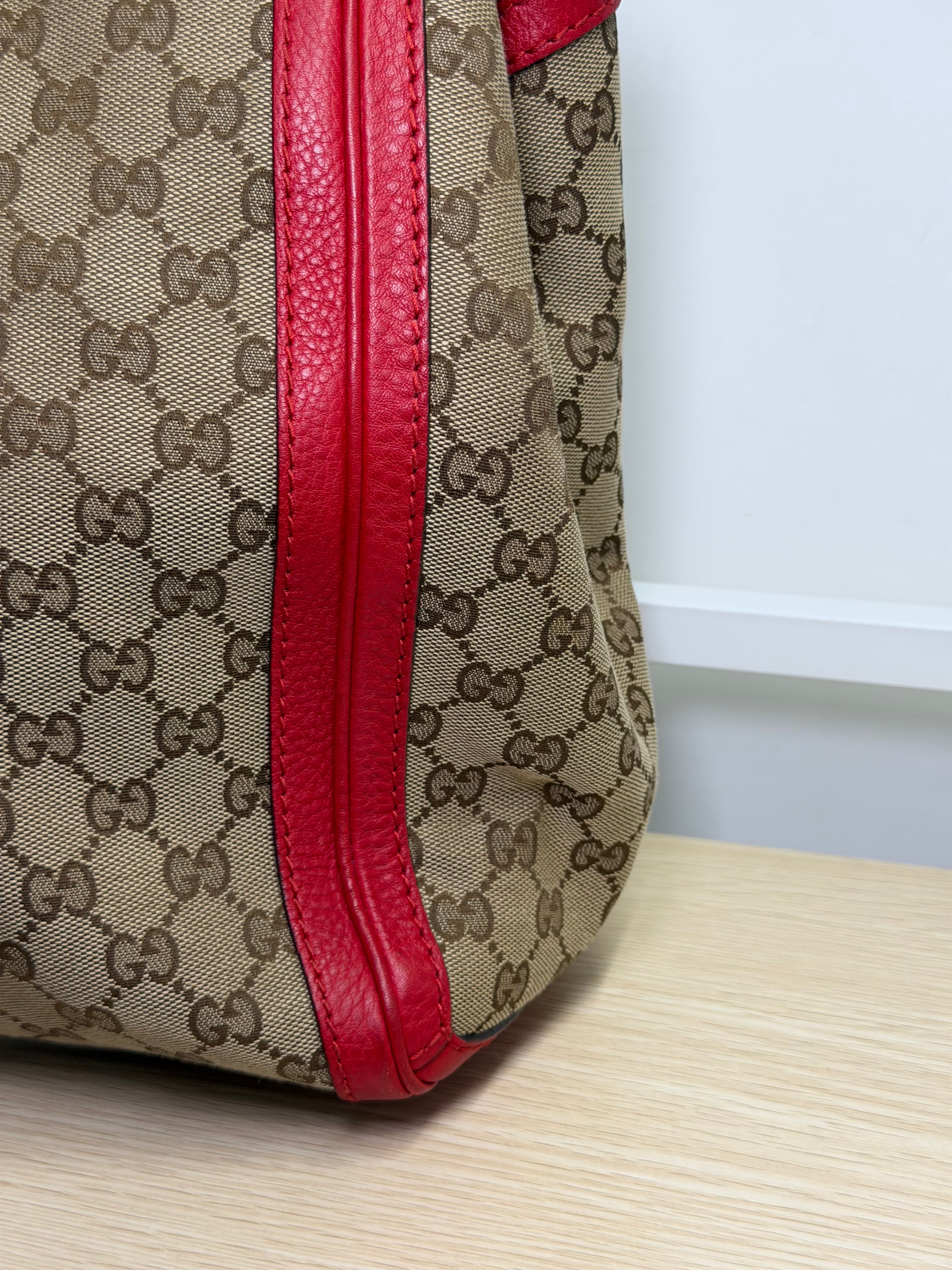 Borsa Tote Gucci Bella in Tela GG Beige con Manici Intrecciati in Pelle Rossa