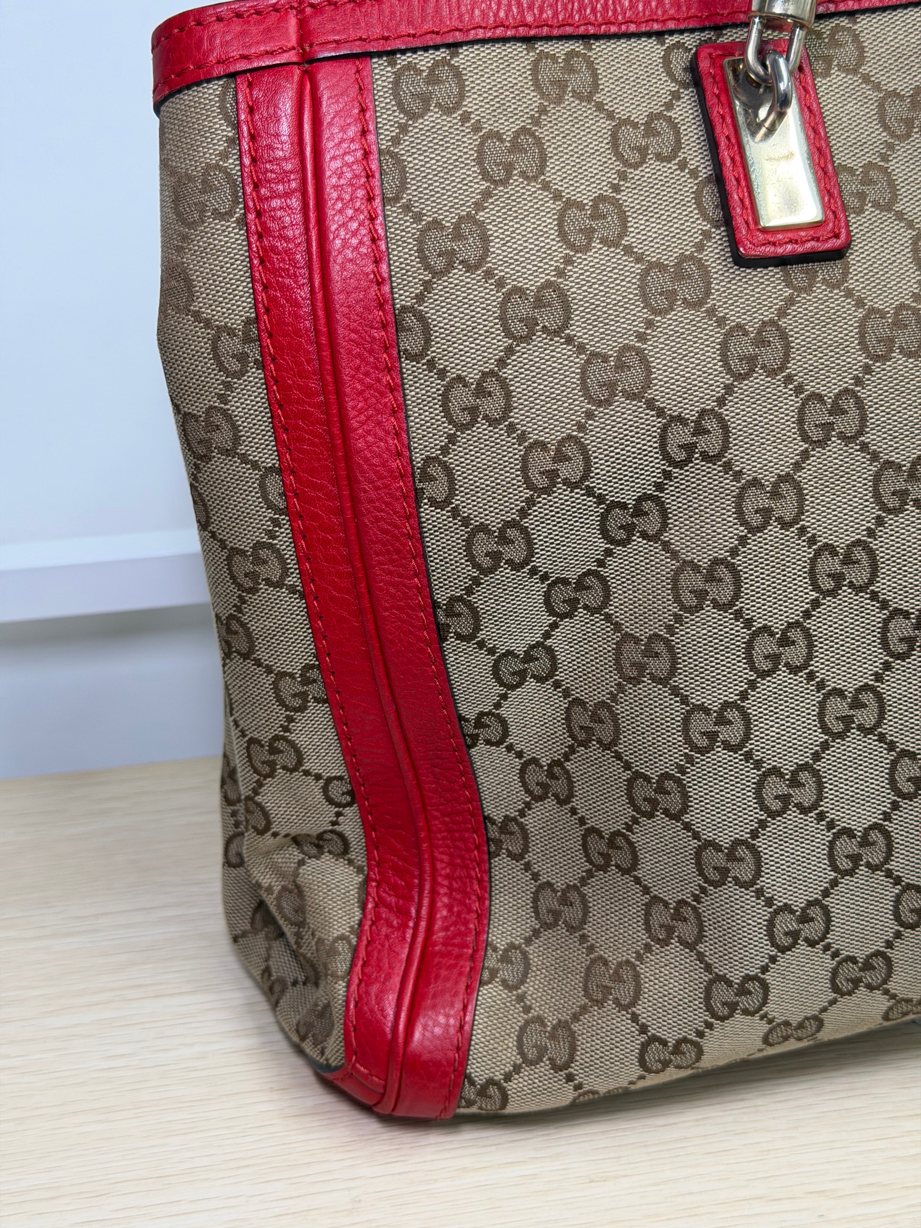 Borsa Tote Gucci Bella in Tela GG Beige con Manici Intrecciati in Pelle Rossa