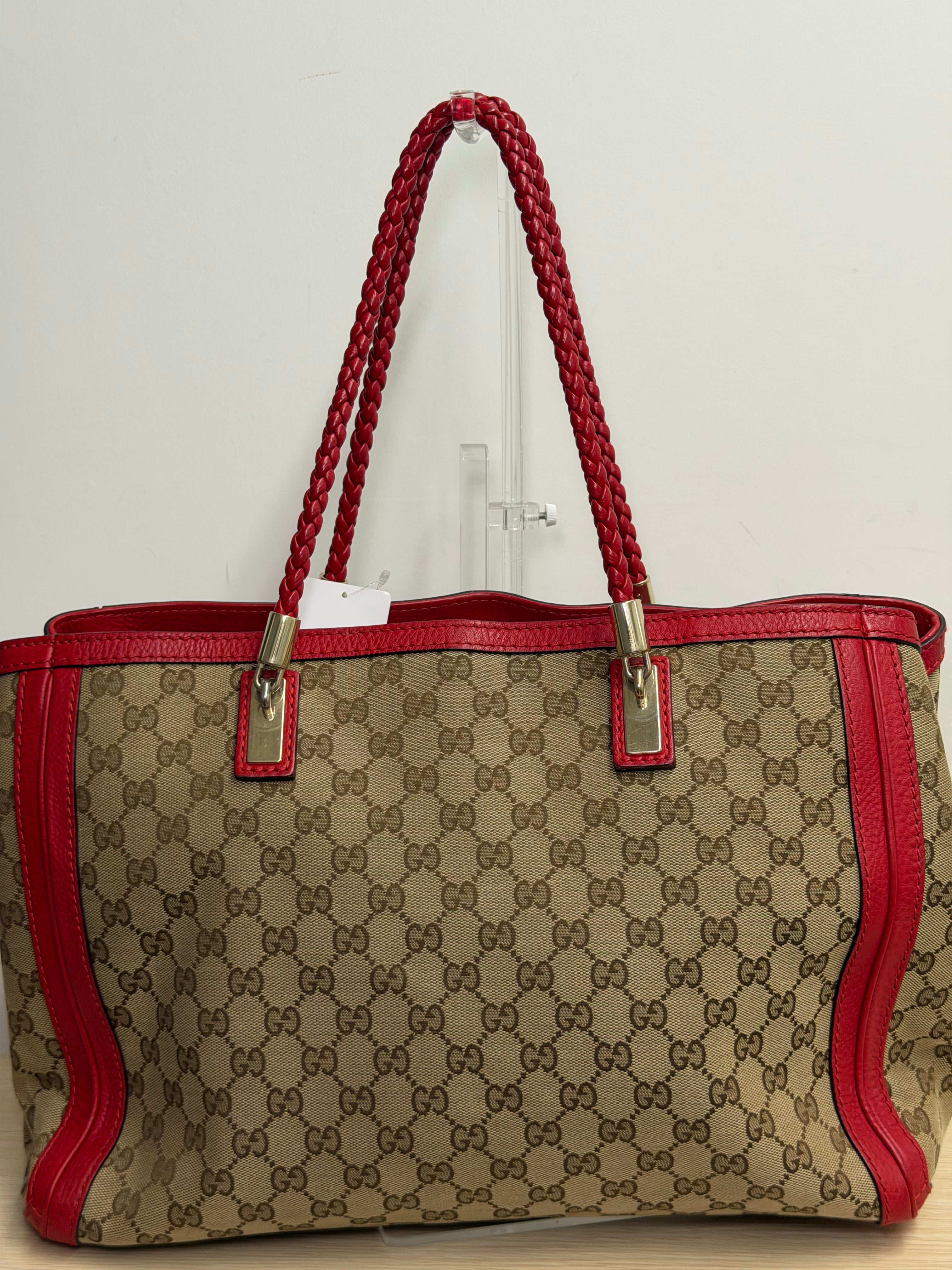 Borsa Tote Gucci Bella in Tela GG Beige con Manici Intrecciati in Pelle Rossa