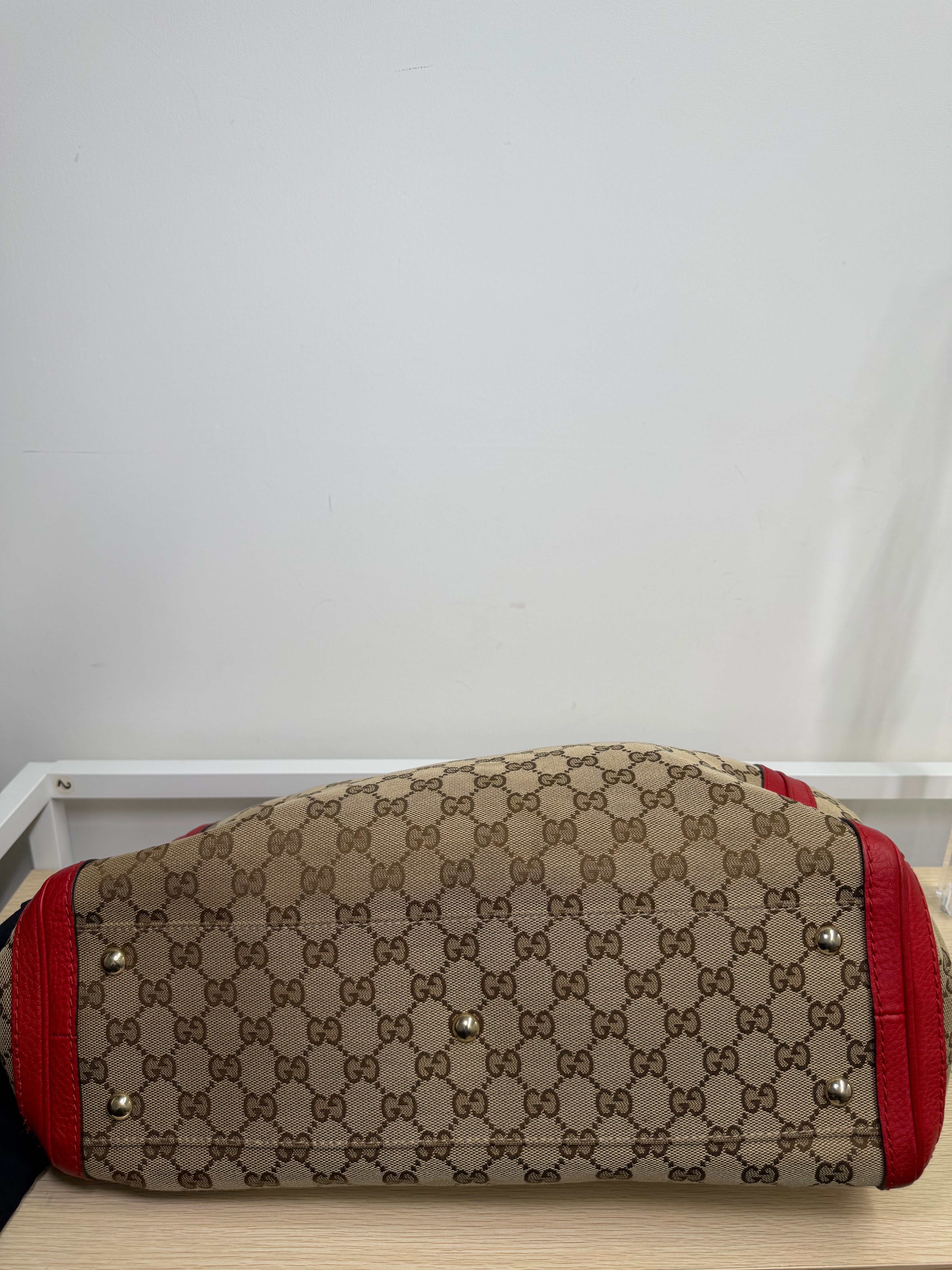 Borsa Tote Gucci Bella in Tela GG Beige con Manici Intrecciati in Pelle Rossa